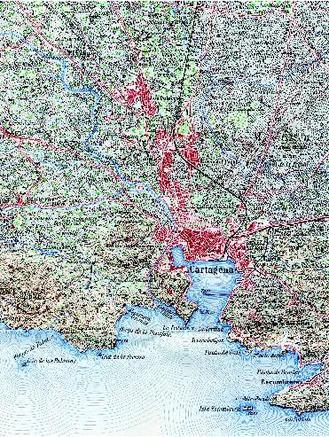 FIGURA 14: REPRODUCCIÓN DE PARTE DE LA HOJA 977 "CARTAGENA; CORRESPONDIENTE AL MAPA TOPOGRÁFICO NACIONAL ESCALA 1/50.000 DEL INSTITUTO GEOGRÁFICO Y CATASTRAL EN EDICIÓN DE 1945. FUENTE INSTITUTO GEOGRÁFICO NACIONAL 